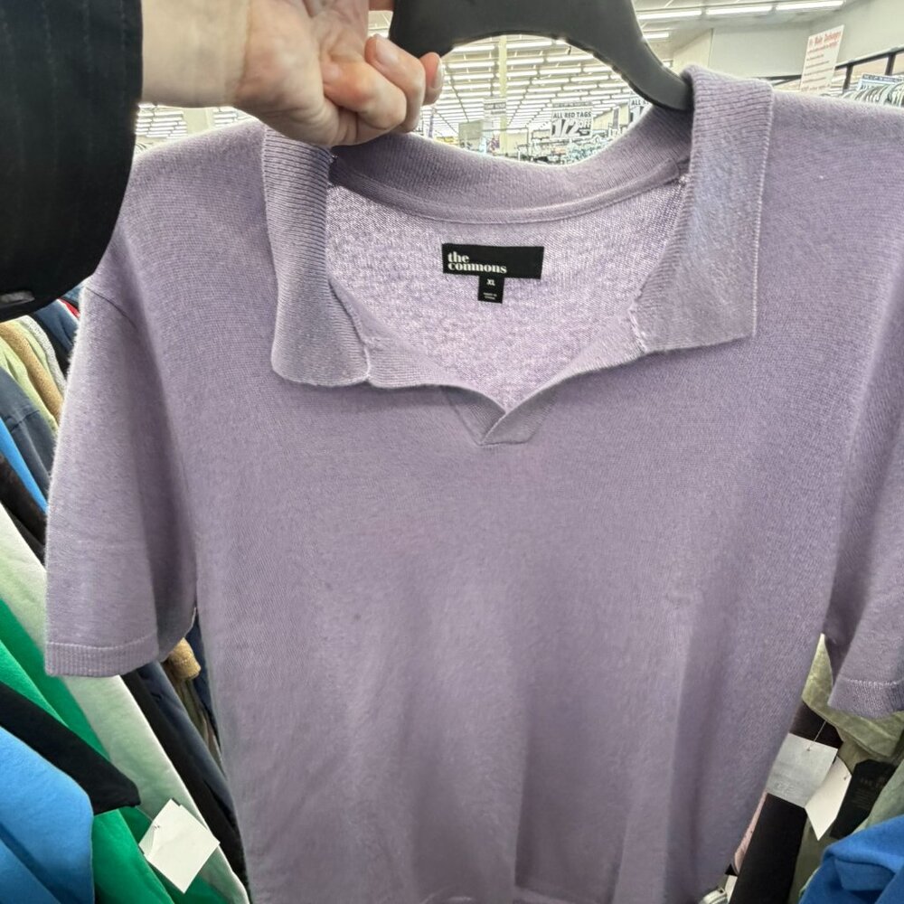 The Commons 100% Cashmere Light Sweater Polo Men XL Lavendar Knit Short Sleeve